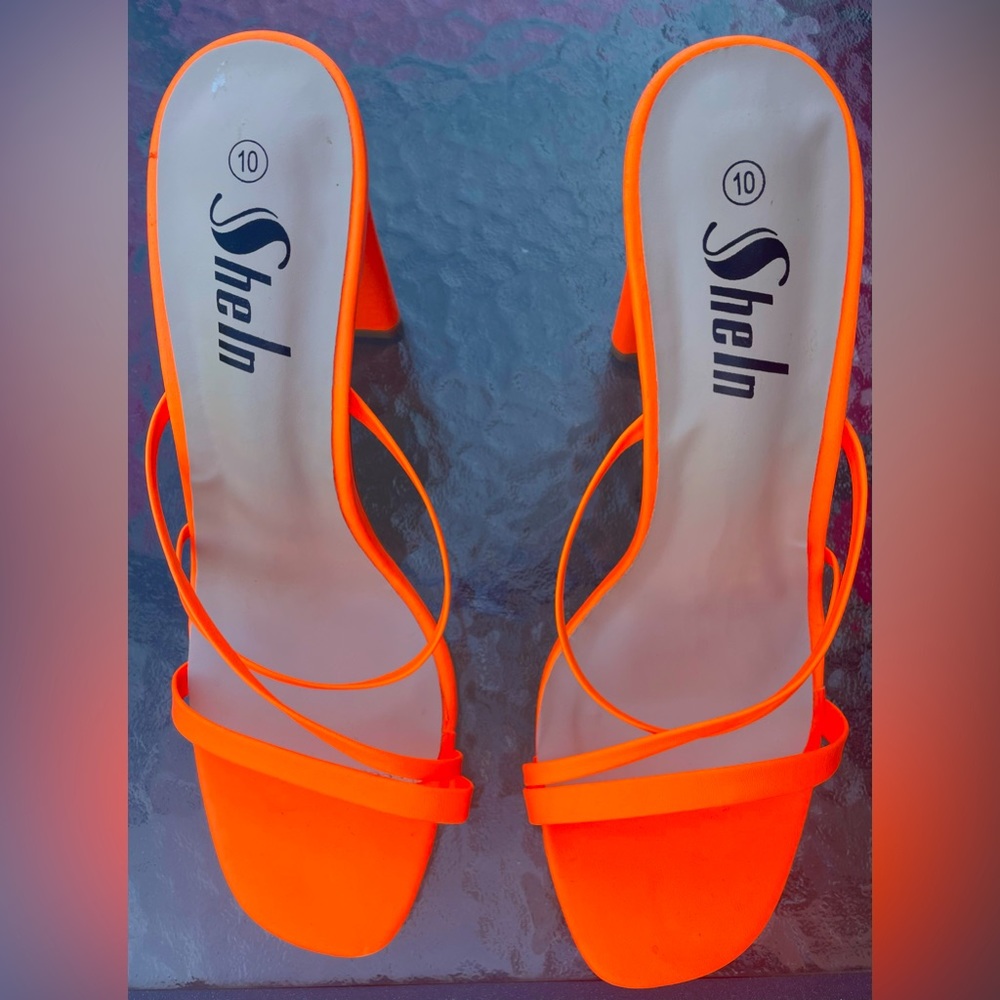 SHEIN chunky heel Open Toe double Strap Chunky Heel Sandals Sz-10  Bright Orange